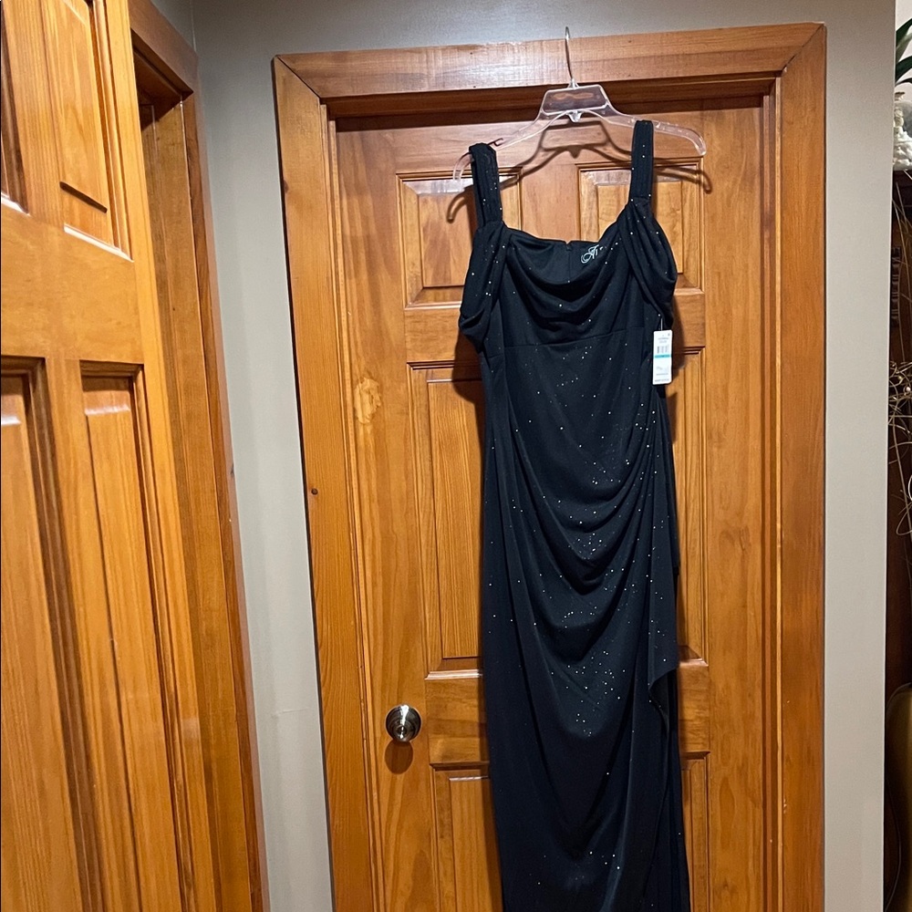 Alex Evenings Black Beaded Draped Prom Gown